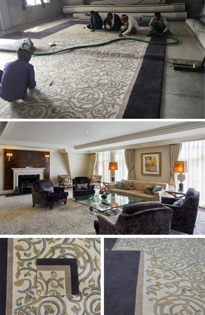 Montage of rug finishing and installation process.